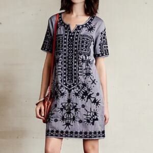 Rose & Rose Anthropologie Chambray Crochet Design Cotton Boho Casual Dress SZ L